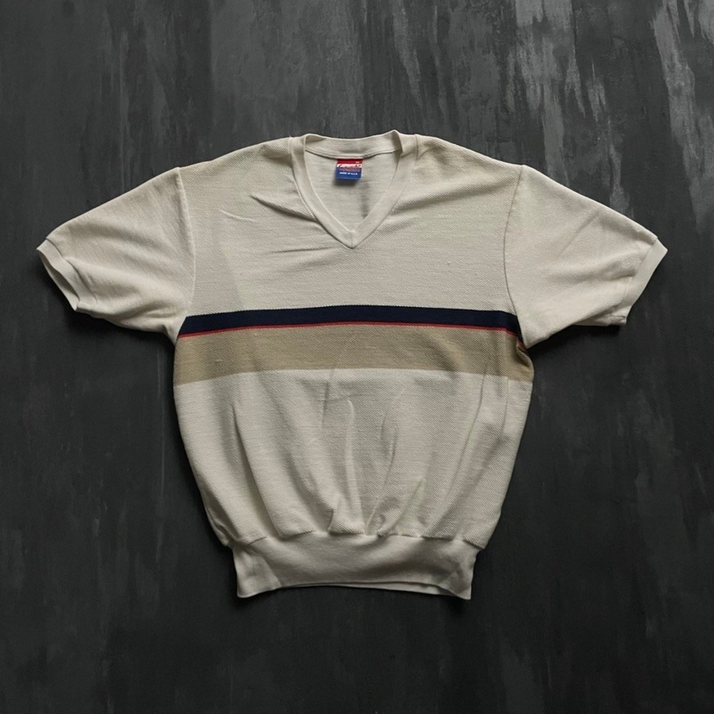 Vintage Striped V-Neck Knit Shirt Mens Medium White 1980s Catalina
